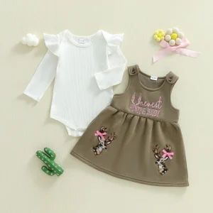 Girl's Knitted Long Sleeve Jumpsuit Embroidered Skirt Overall Outfit