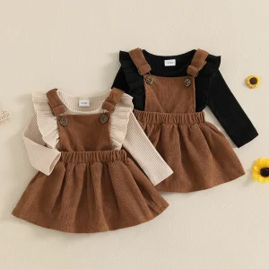 Baby Girl Ruffled Long Sleeve Romper with Corduroy Suspender Skirt 2Pcs Set