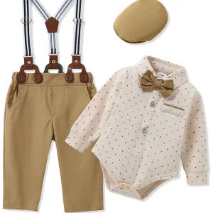 Baby Boy Suit Dress Shirt+Suspender Pants+Bowtie+Beret Hat
