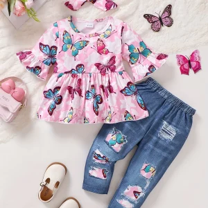 Cute Butterfly Top And Jeans Set