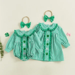 Girl's Floral Print Romper with Ruffle Collar and Matching Headband Set for Sisters