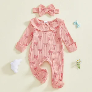 Adorable Baby Girls 2 Piece Long Sleeve Romper with Matching Bow Headband
