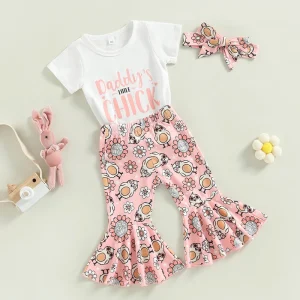 Girls Easter Outfit Sets Ruffle Sleeve Top Bunny Print Leggings with Headband and Bow