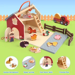 Wooden Farm Toys with Big Barn and Tractor