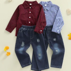 Boys 2-Piece Set Plaid Shirt with Distressed Denim Jeans